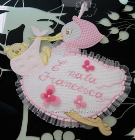 Sacchetto nascita farfalla e fiocco nascita cicogna rosa per Francesca