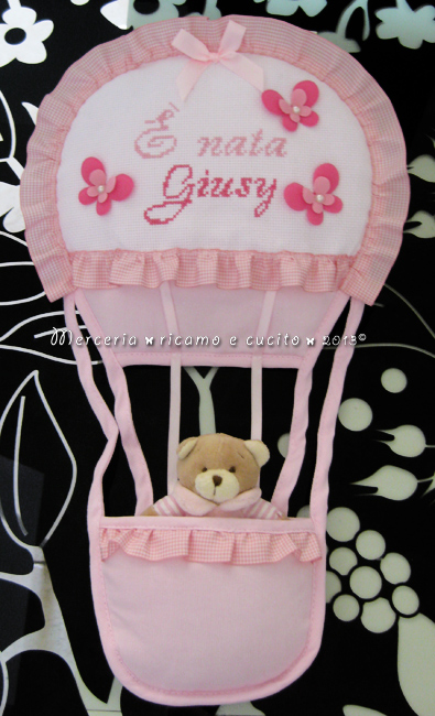 Sacchetto nascita elegante, busta portaoggetti e fiocco nascita mongolfiera rosa per Giusy