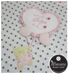Fiocco nascita rosa con orsetto su palloncini cuore e sacchetto farfalla per Sofia