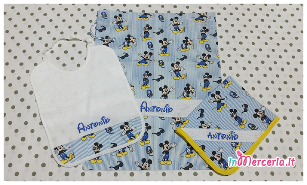 Set asilo Topolino Mickey Mouse – Sacchetto, asciugamano, e bavetta per Antonio
