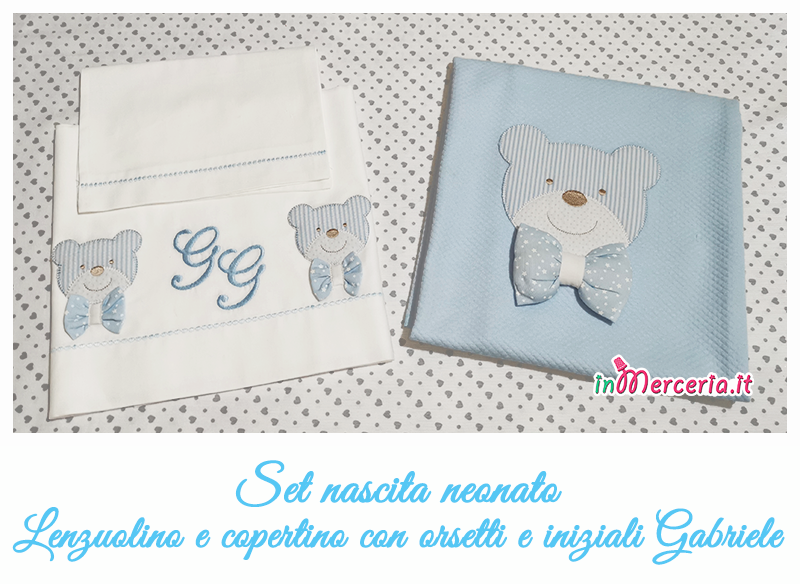 Set nascita neonato – Lenzuolino e copertina con orsetti e iniziali per  Gabriele – Gift – Ricamo e cucito